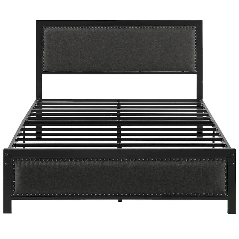 VECELO Bed Frame with Upholstered Linen Headboard and Footboard, Heavy-Duty Platform with Strong Metal Slats