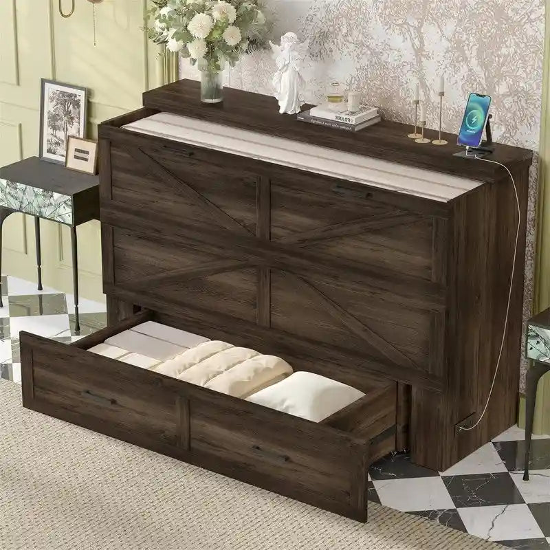Farmhouse Murphy Bed Wall Bed with a Large Drawer, Full/Queen Size Foldable Murphy Cabinet Bed with Charging Station
