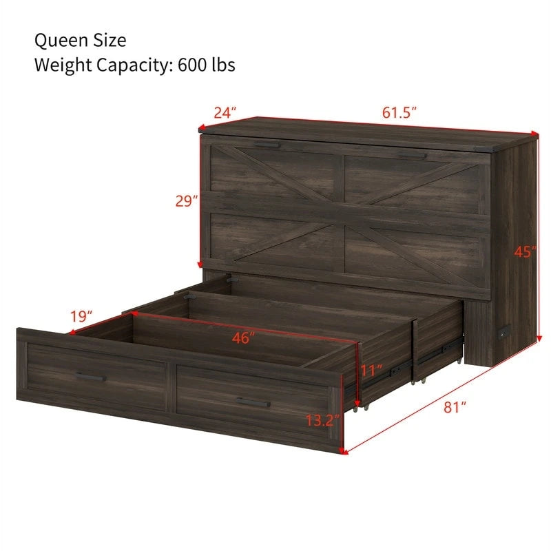 Farmhouse Murphy Bed Wall Bed with a Large Drawer, Full/Queen Size Foldable Murphy Cabinet Bed with Charging Station