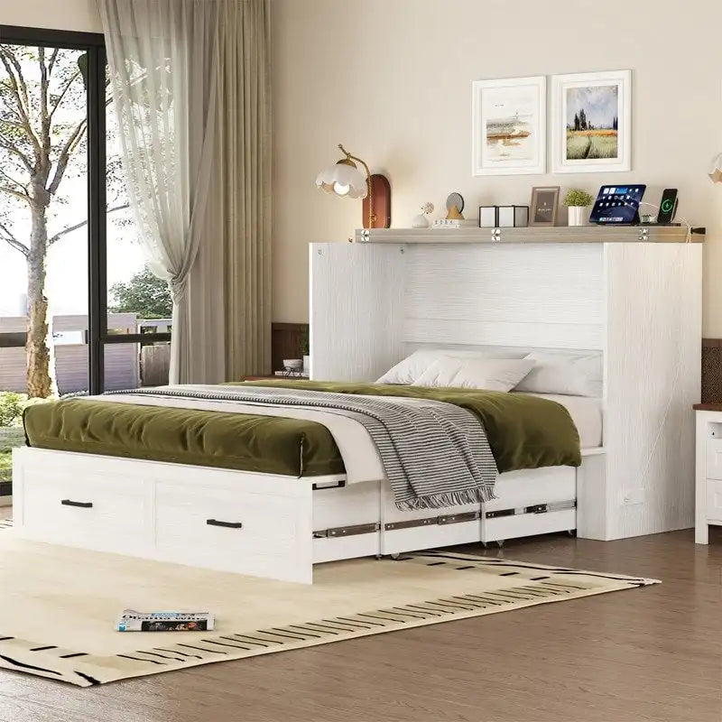 Farmhouse Murphy Bed Wall Bed with a Large Drawer, Full/Queen Size Foldable Murphy Cabinet Bed with Charging Station