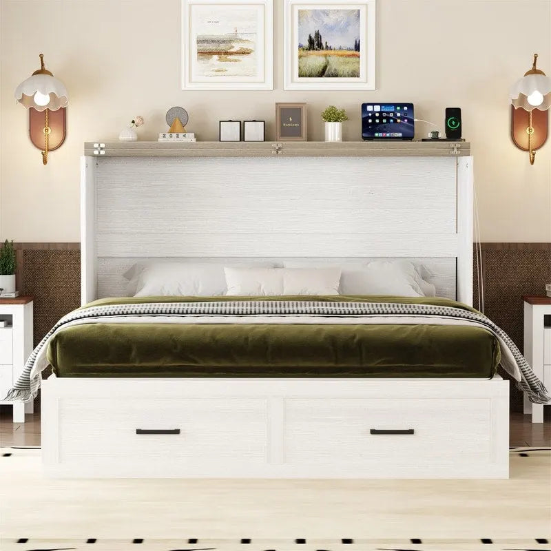 Farmhouse Murphy Bed Wall Bed with a Large Drawer, Full/Queen Size Foldable Murphy Cabinet Bed with Charging Station