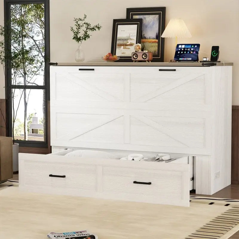 Farmhouse Murphy Bed Wall Bed with a Large Drawer, Full/Queen Size Foldable Murphy Cabinet Bed with Charging Station