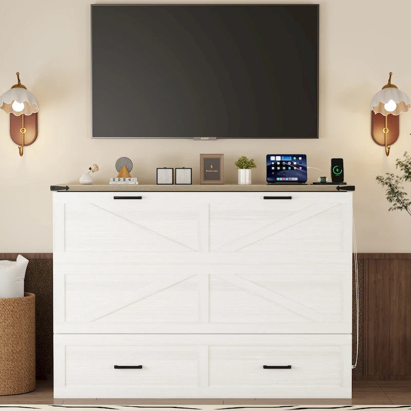 Farmhouse Murphy Bed Wall Bed with a Large Drawer, Full/Queen Size Foldable Murphy Cabinet Bed with Charging Station