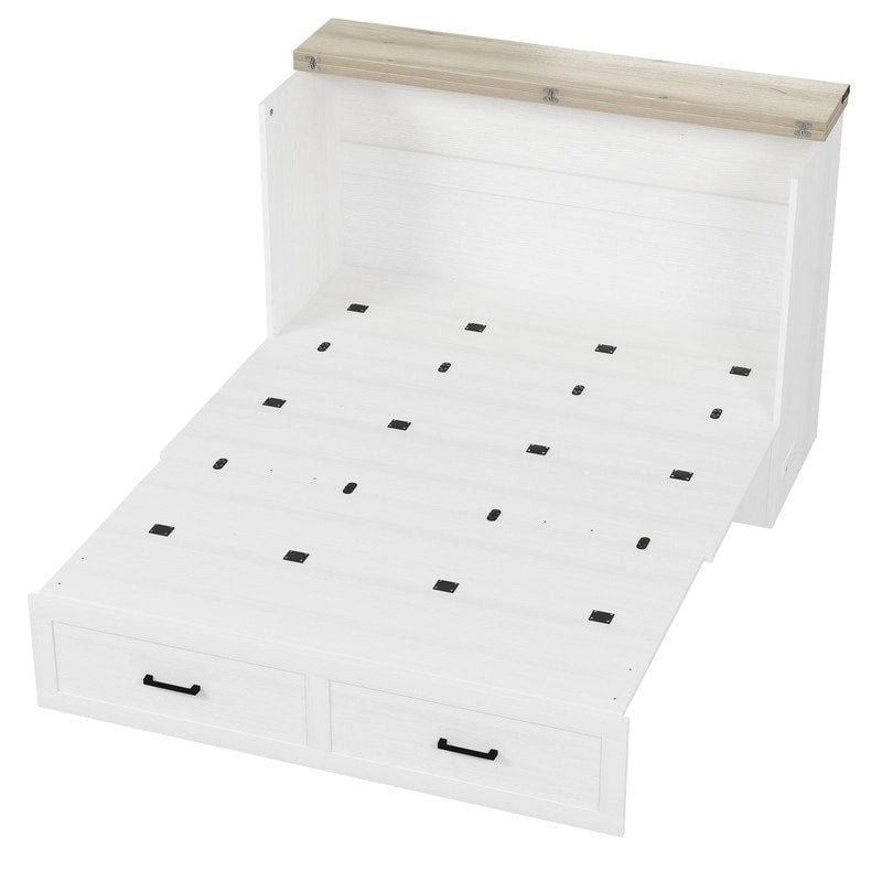 Farmhouse Murphy Bed Wall Bed with a Large Drawer, Full/Queen Size Foldable Murphy Cabinet Bed with Charging Station