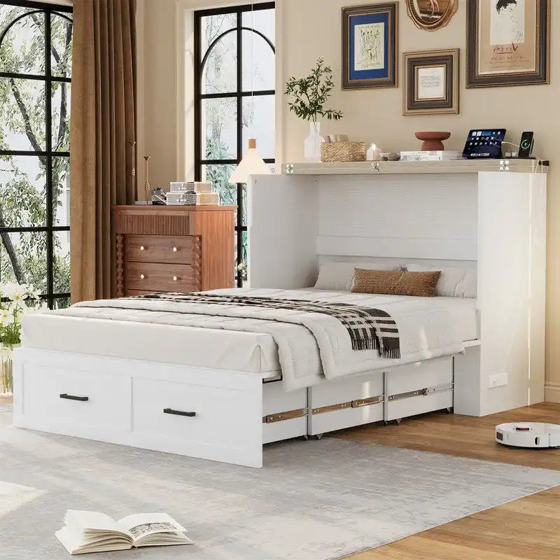 Farmhouse Murphy Bed Wall Bed with a Large Drawer, Full/Queen Size Foldable Murphy Cabinet Bed with Charging Station