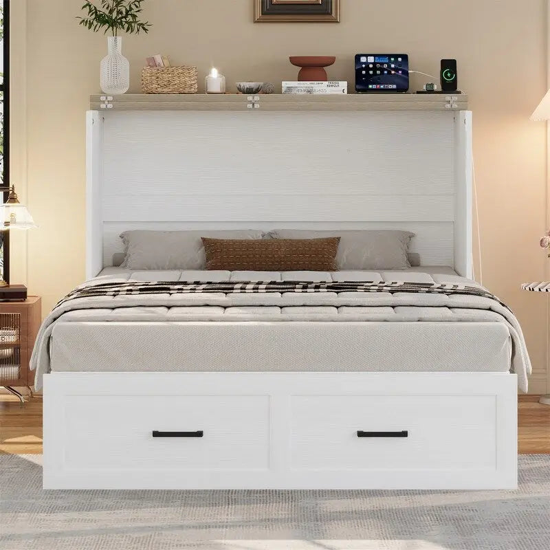 Farmhouse Murphy Bed Wall Bed with a Large Drawer, Full/Queen Size Foldable Murphy Cabinet Bed with Charging Station