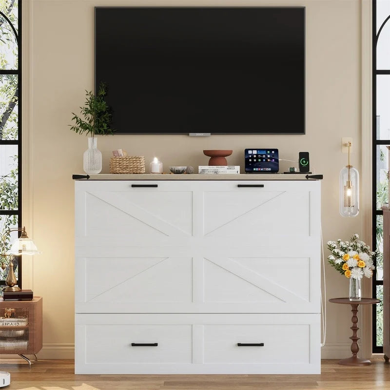 Farmhouse Murphy Bed Wall Bed with a Large Drawer, Full/Queen Size Foldable Murphy Cabinet Bed with Charging Station