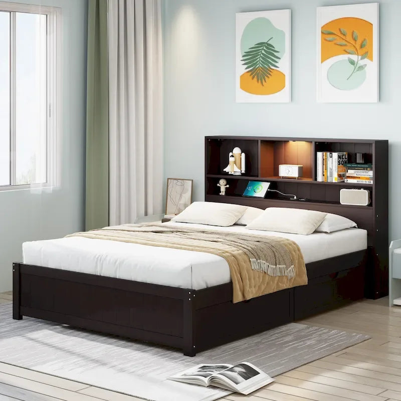 Storage Platform Bed with 2 Underbed Drawers, Wood Captains Bed with Bookcase Headboard Built-in Downlight Charging Station