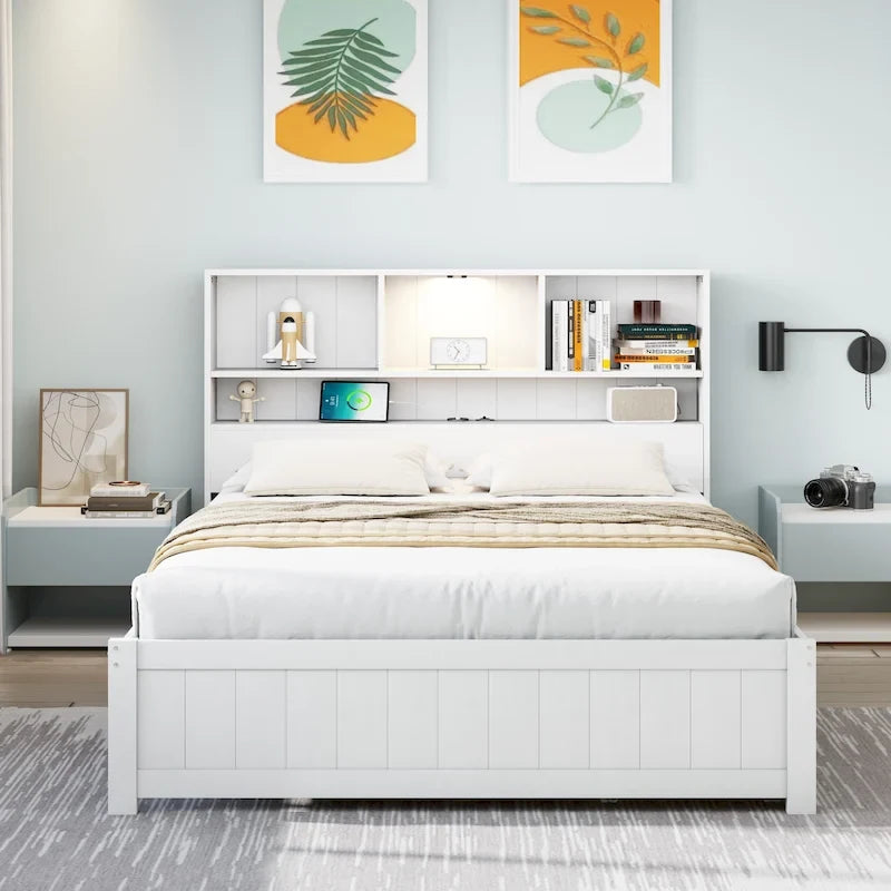 Storage Platform Bed with 2 Underbed Drawers, Wood Captains Bed with Bookcase Headboard Built-in Downlight Charging Station