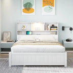 Storage Platform Bed with 2 Underbed Drawers, Wood Captains Bed with Bookcase Headboard Built-in Downlight Charging Station