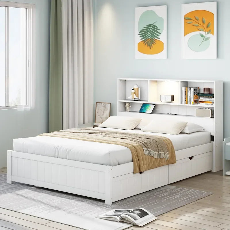 Storage Platform Bed with 2 Underbed Drawers, Wood Captains Bed with Bookcase Headboard Built-in Downlight Charging Station