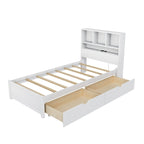 Storage Platform Bed with 2 Underbed Drawers, Wood Captains Bed with Bookcase Headboard Built-in Downlight Charging Station