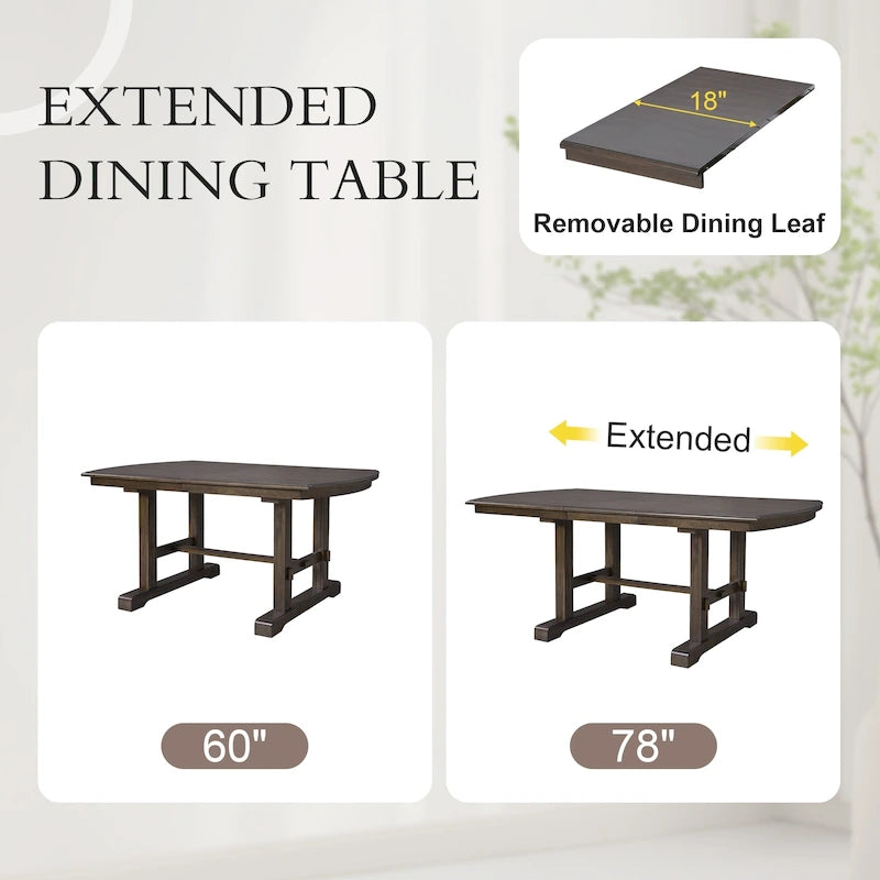 60-78 Extendable Dining Table, Farmhouse Wooden Kitchen Table with Removable Leaf, Large Expanding Table for 4-8