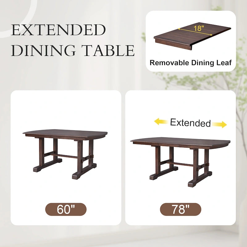 60-78 Extendable Dining Table, Farmhouse Wooden Kitchen Table with Removable Leaf, Large Expanding Table for 4-8