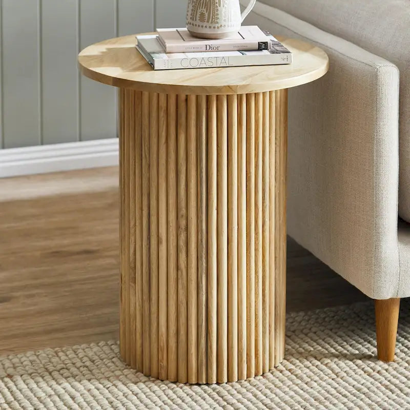 Round Wood End Table Fluted Pedestal Side Table