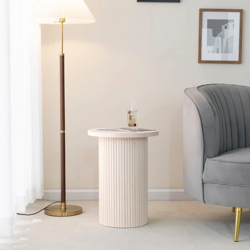 Round Wood End Table Fluted Pedestal Side Table