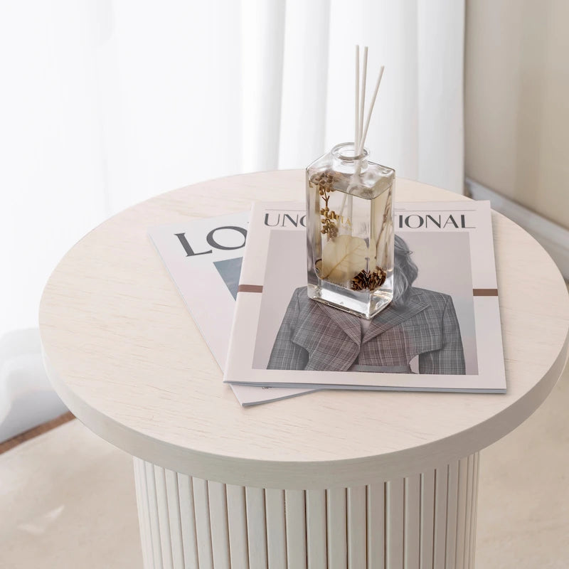 Round Wood End Table Fluted Pedestal Side Table