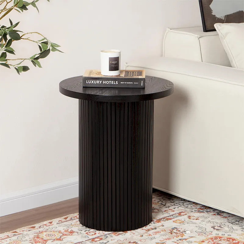 Round Wood End Table Fluted Pedestal Side Table
