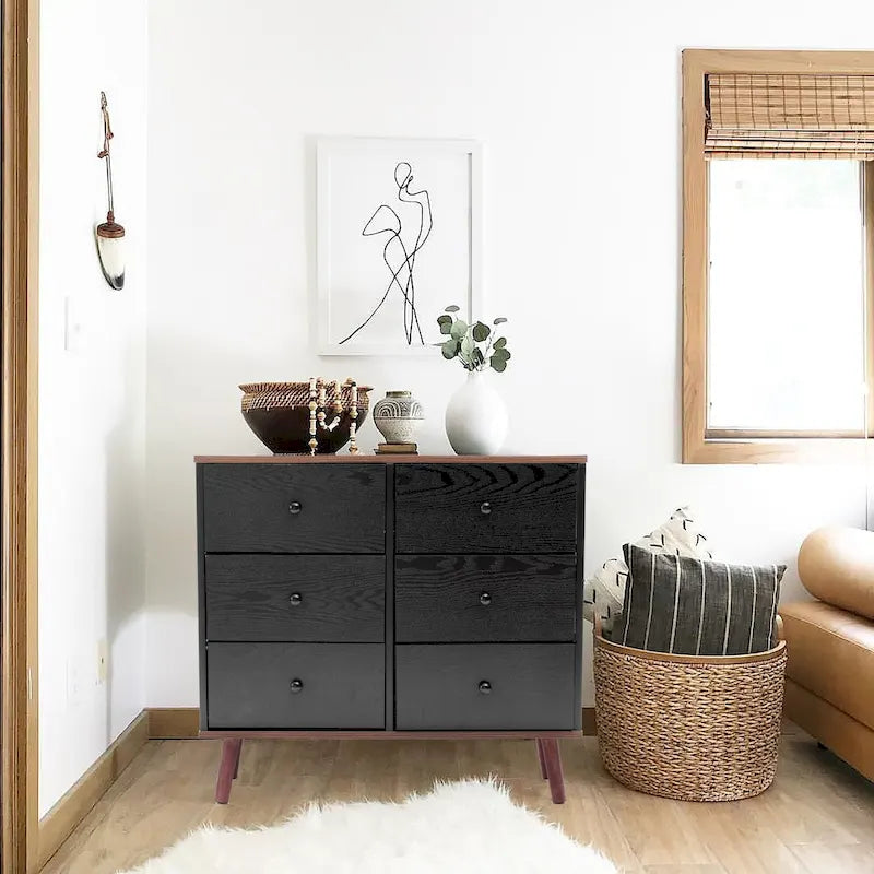 Black Manufactured Wood 6-Drawer Accent Chest with Brown Accents