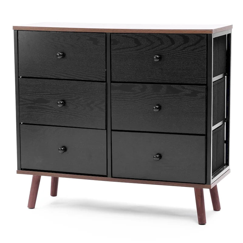 Black Manufactured Wood 6-Drawer Accent Chest with Brown Accents