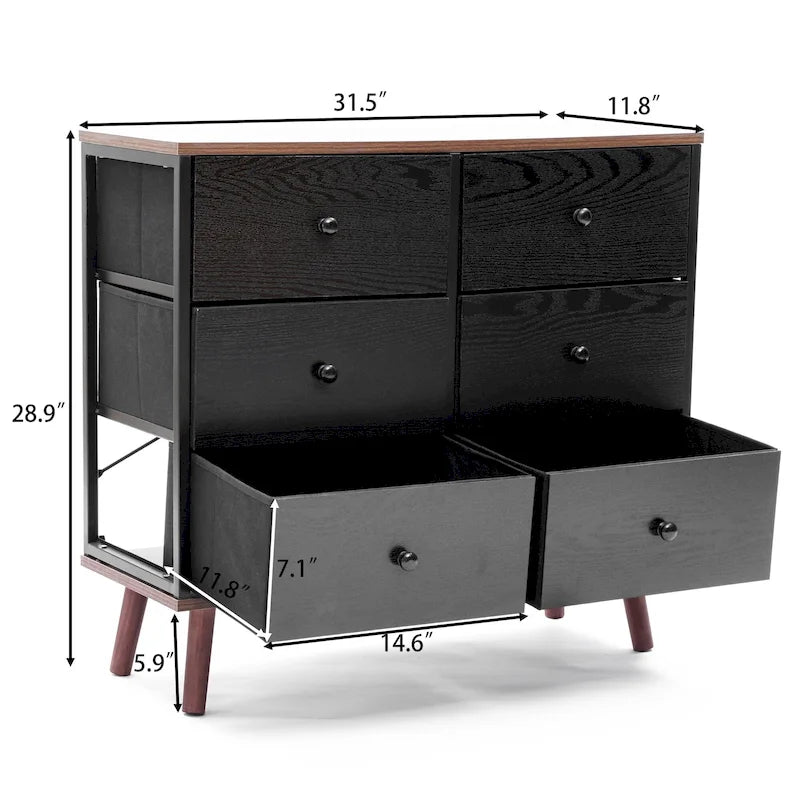 Black Manufactured Wood 6-Drawer Accent Chest with Brown Accents