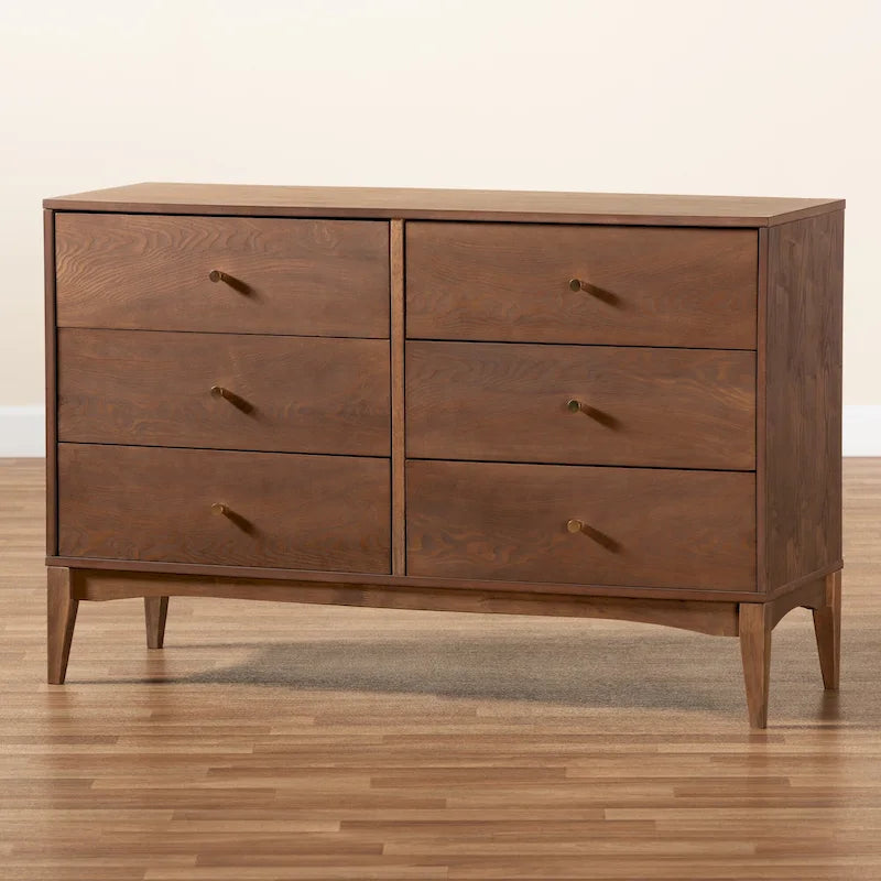 Landis Mid-Century Modern Ash Walnut Finished Wood 6-Drawer Dresser