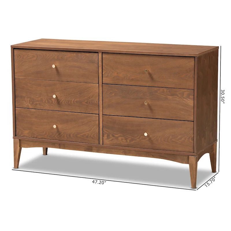 Landis Mid-Century Modern Ash Walnut Finished Wood 6-Drawer Dresser