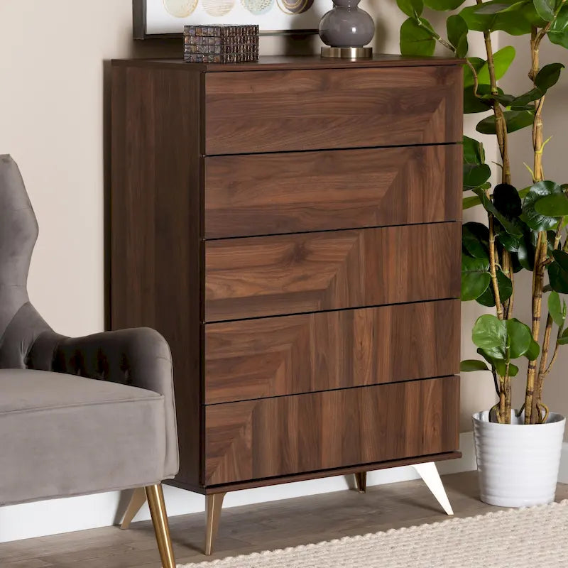 Graceland Mid-Century Modern Transitional Walnut Brown Finished Wood 5-Drawer Storage Chest