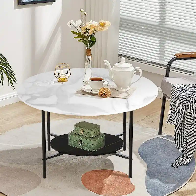 Modern Coffee Tables Round 2 Tier Sintered Stone Tabletop - 31.5 W x 18.7 H