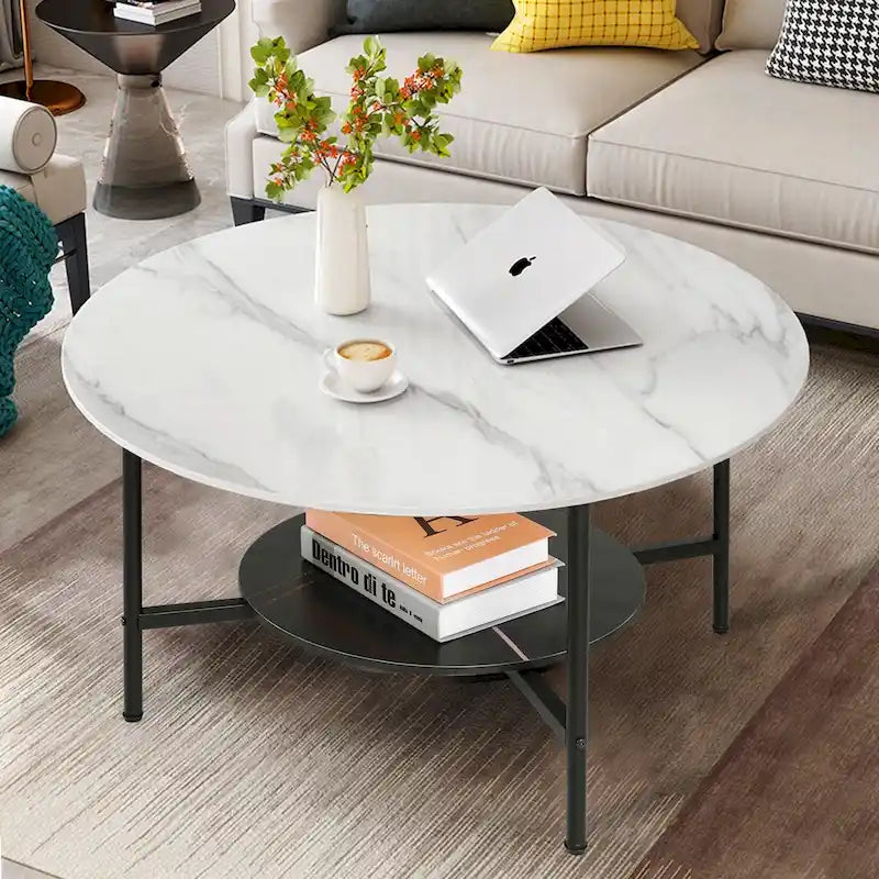 Modern Coffee Tables Round 2 Tier Sintered Stone Tabletop - 31.5 W x 18.7 H