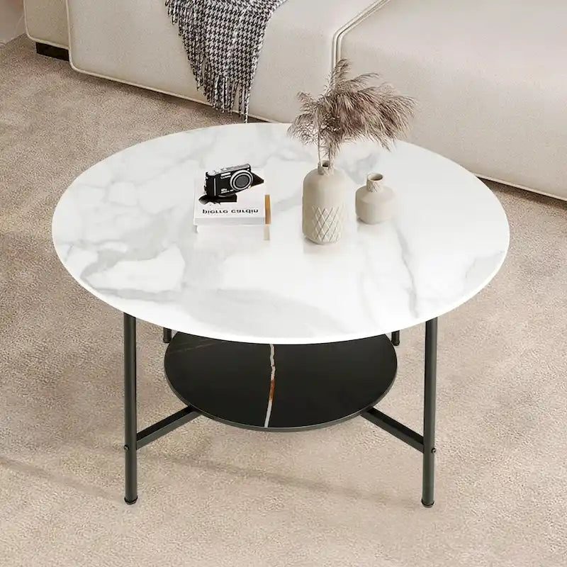 Modern Coffee Tables Round 2 Tier Sintered Stone Tabletop - 31.5 W x 18.7 H