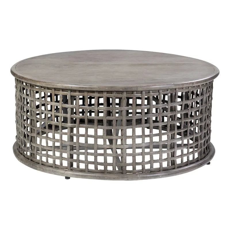 Grey Solid Wood Rattan Round Coffee Table by East at Main