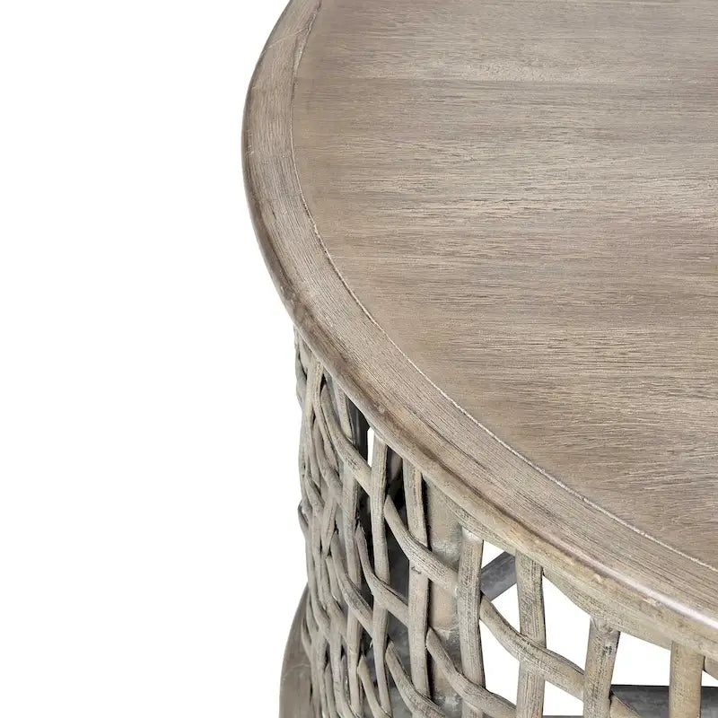Grey Solid Wood Rattan Round Coffee Table by East at Main