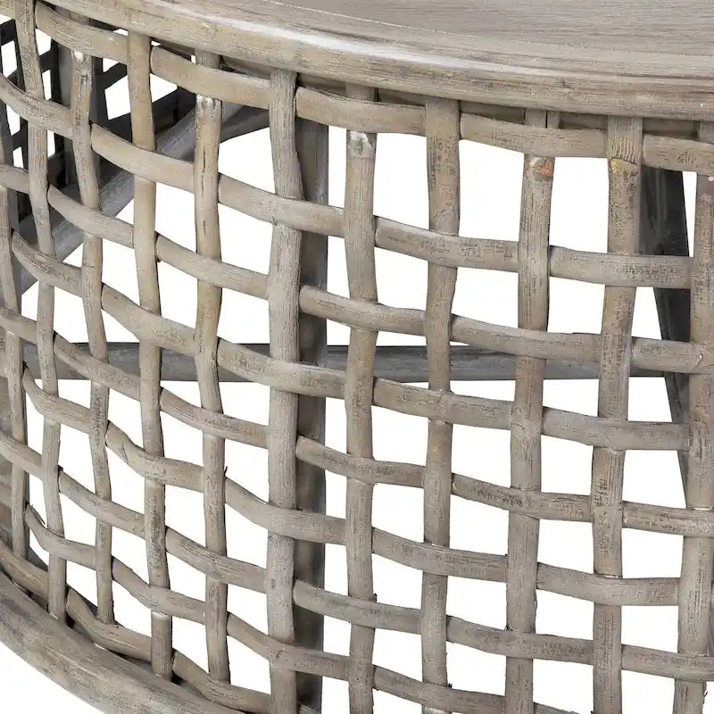 Grey Solid Wood Rattan Round Coffee Table by East at Main