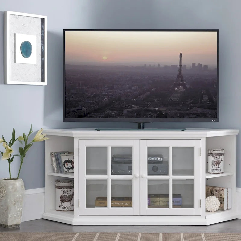 Leick Home Cottage White Corner TV Stand with Bookshelf Storage