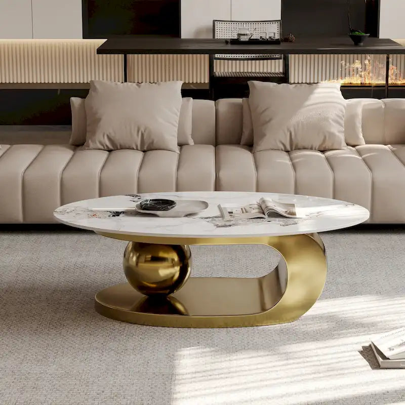 51 Modern Pandora Oval Coffee Table with Glossy Sintered stone top, Luxury Coffee Table, Stainless Steel Legs for Livingroom