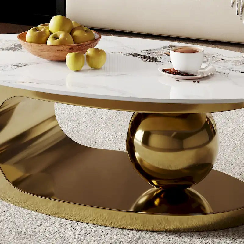 51 Modern Pandora Oval Coffee Table with Glossy Sintered stone top, Luxury Coffee Table, Stainless Steel Legs for Livingroom