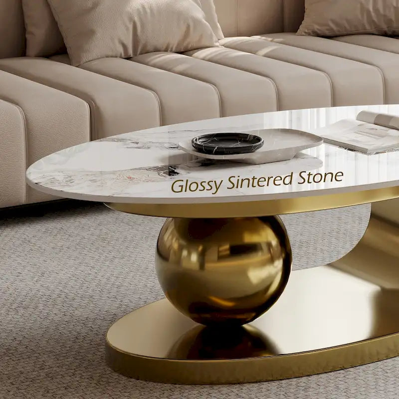 51 Modern Pandora Oval Coffee Table with Glossy Sintered stone top, Luxury Coffee Table, Stainless Steel Legs for Livingroom
