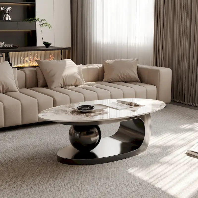 51 Modern Pandora Oval Coffee Table with Glossy Sintered stone top, Luxury Coffee Table, Stainless Steel Legs for Livingroom