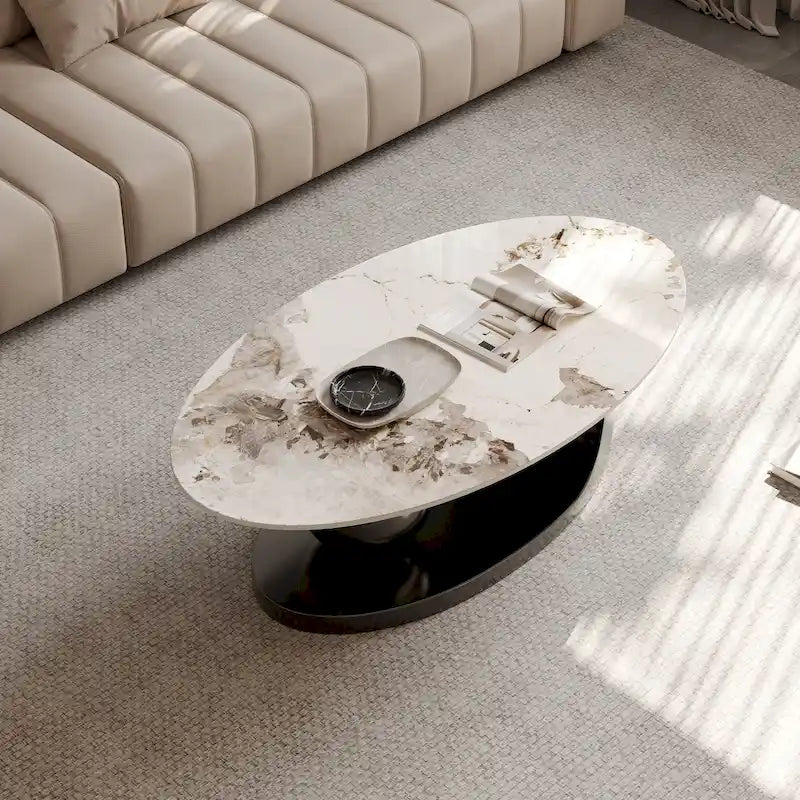 51 Modern Pandora Oval Coffee Table with Glossy Sintered stone top, Luxury Coffee Table, Stainless Steel Legs for Livingroom