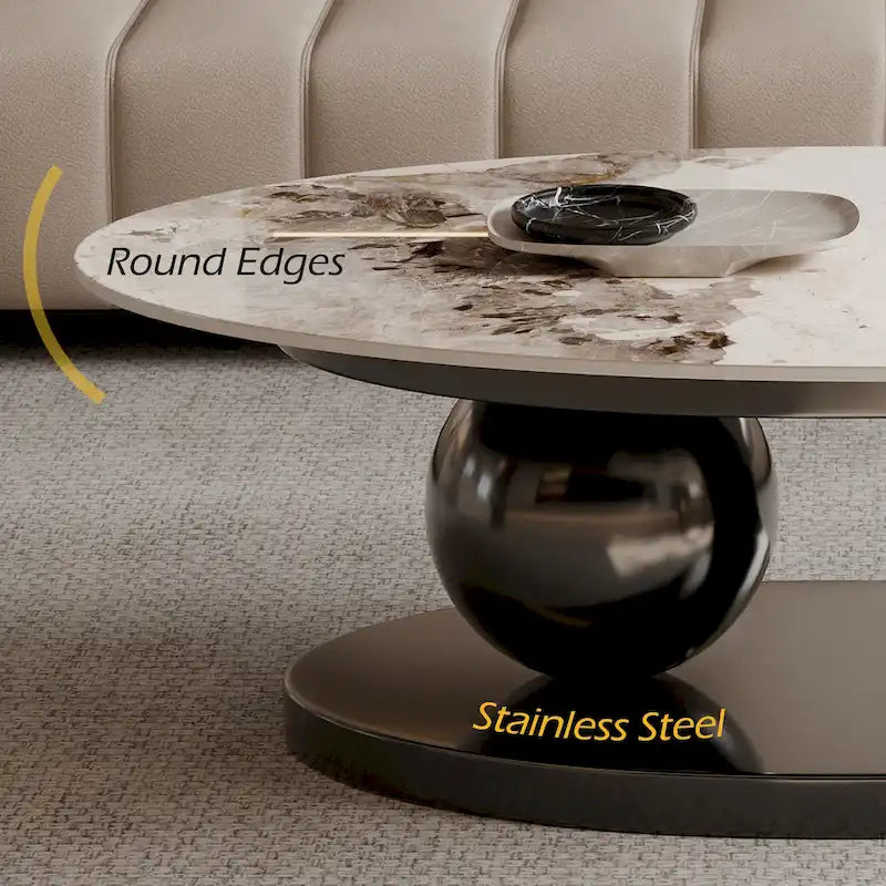 51 Modern Pandora Oval Coffee Table with Glossy Sintered stone top, Luxury Coffee Table, Stainless Steel Legs for Livingroom