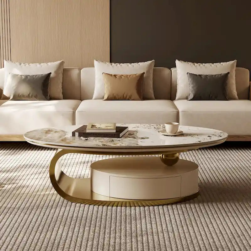 51 Modern Pandora Oval Coffee Table with Glossy Sintered stone top, Luxury Coffee Table, Stainless Steel Legs for Livingroom