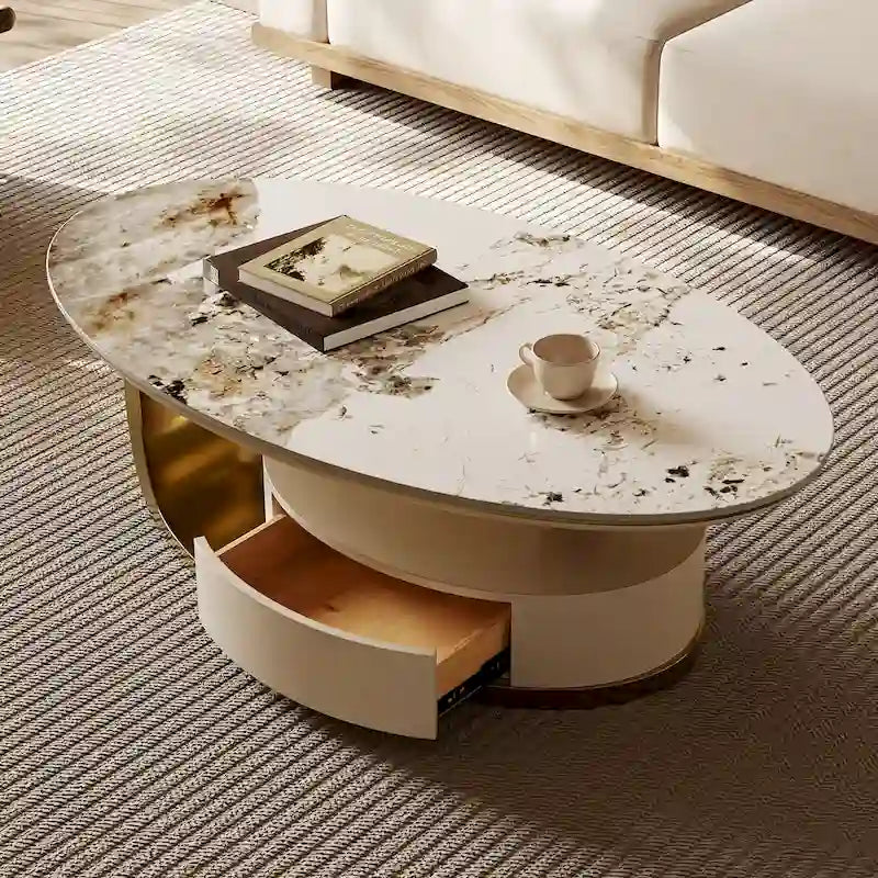 51 Modern Pandora Oval Coffee Table with Glossy Sintered stone top, Luxury Coffee Table, Stainless Steel Legs for Livingroom