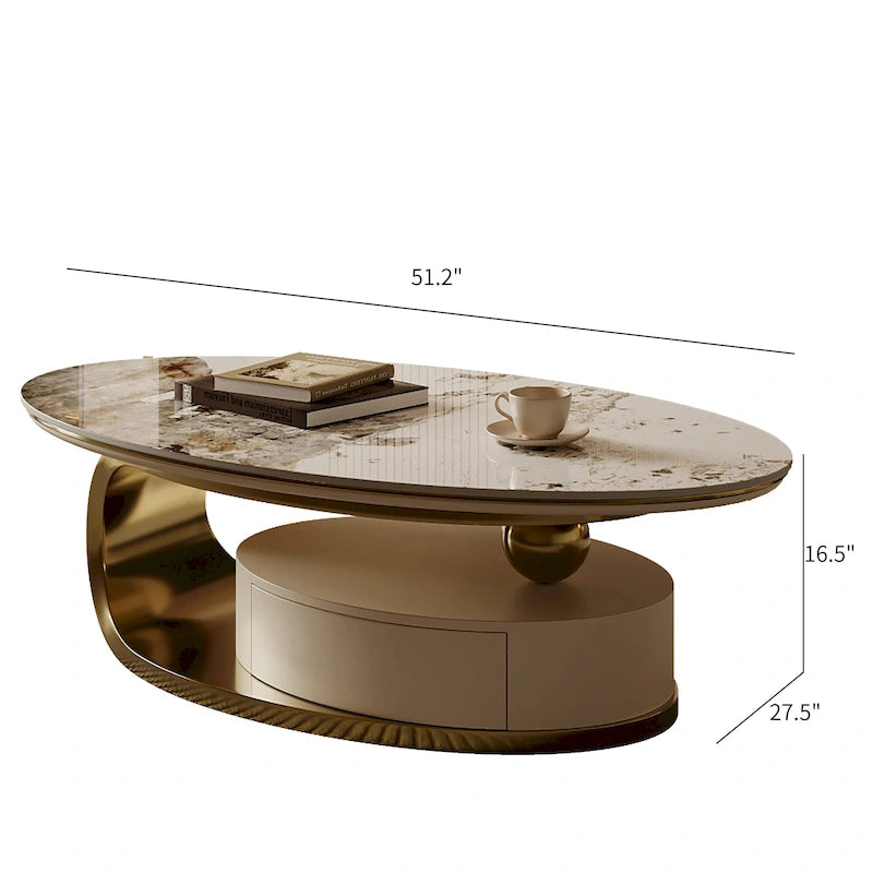 51 Modern Pandora Oval Coffee Table with Glossy Sintered stone top, Luxury Coffee Table, Stainless Steel Legs for Livingroom