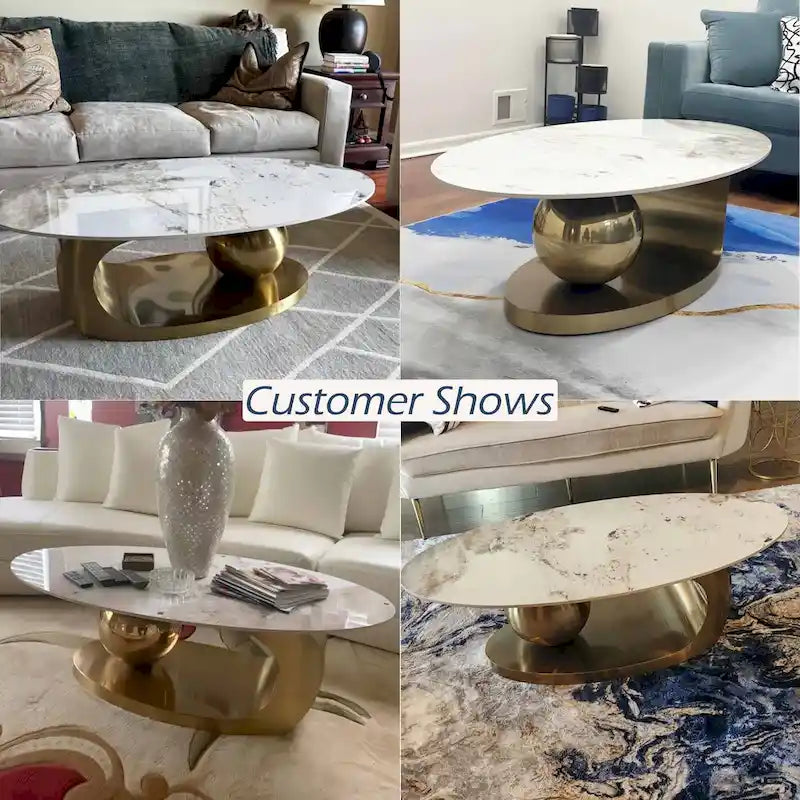 51 Modern Pandora Oval Coffee Table with Glossy Sintered stone top, Luxury Coffee Table, Stainless Steel Legs for Livingroom