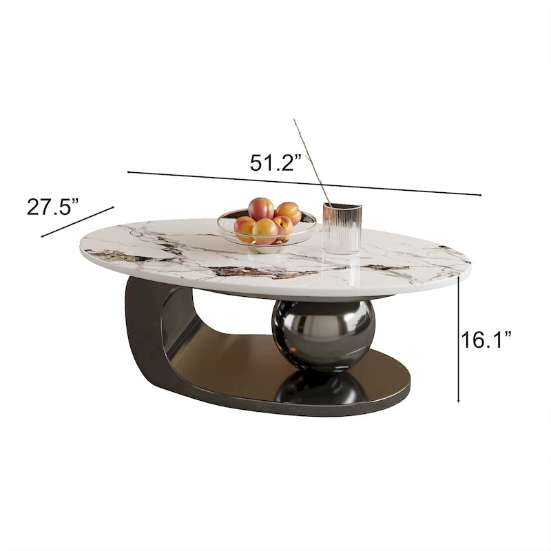 51 Modern Pandora Oval Coffee Table with Glossy Sintered stone top, Luxury Coffee Table, Stainless Steel Legs for Livingroom