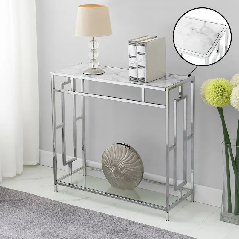 Convenience Concepts Town Square Chrome Faux Marble Glass Hall Table with Shelf