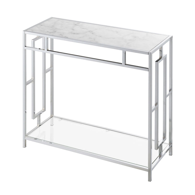 Convenience Concepts Town Square Chrome Faux Marble Glass Hall Table with Shelf