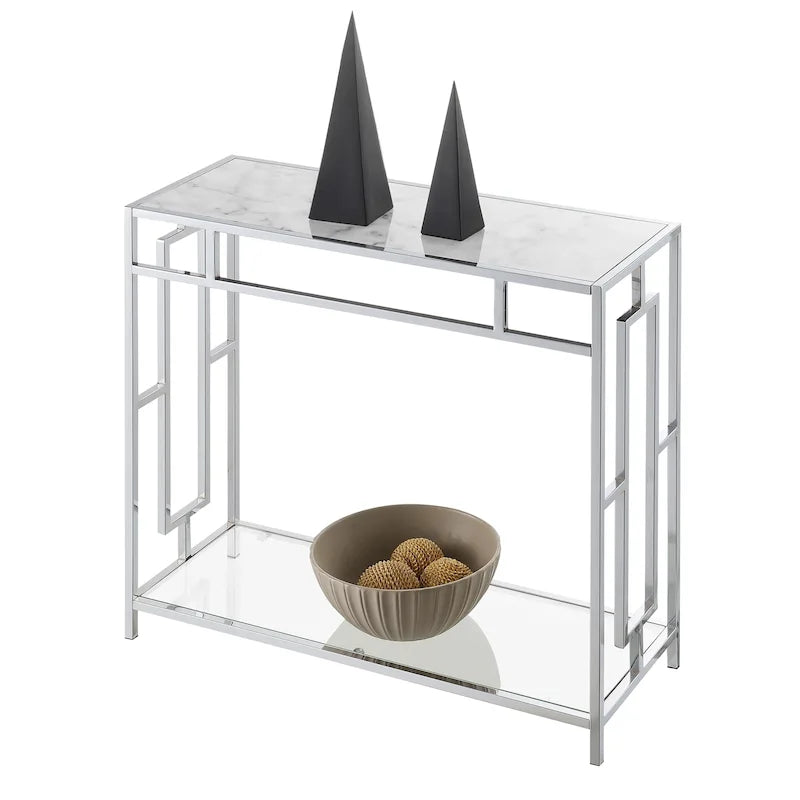 Convenience Concepts Town Square Chrome Faux Marble Glass Hall Table with Shelf