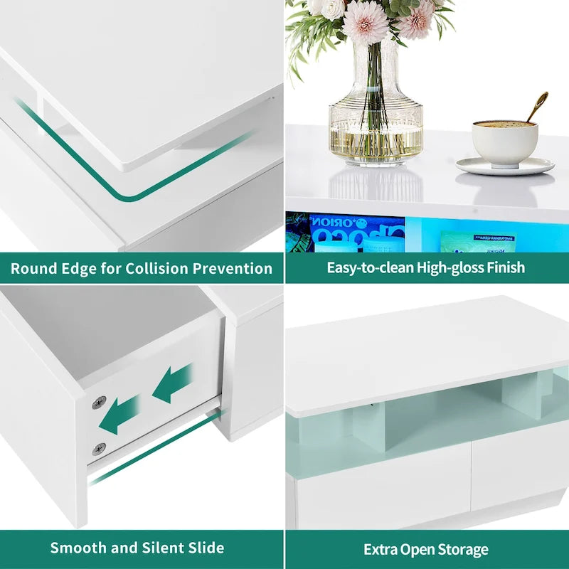 Moasis Modern Coffee Table with Storage High Glossy LED for Living Room